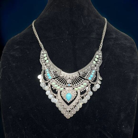 Bohemian Statement Bib Necklace Silver Turquoise Mint Tribal Coin Festival 22.5" - Picture 1 of 5